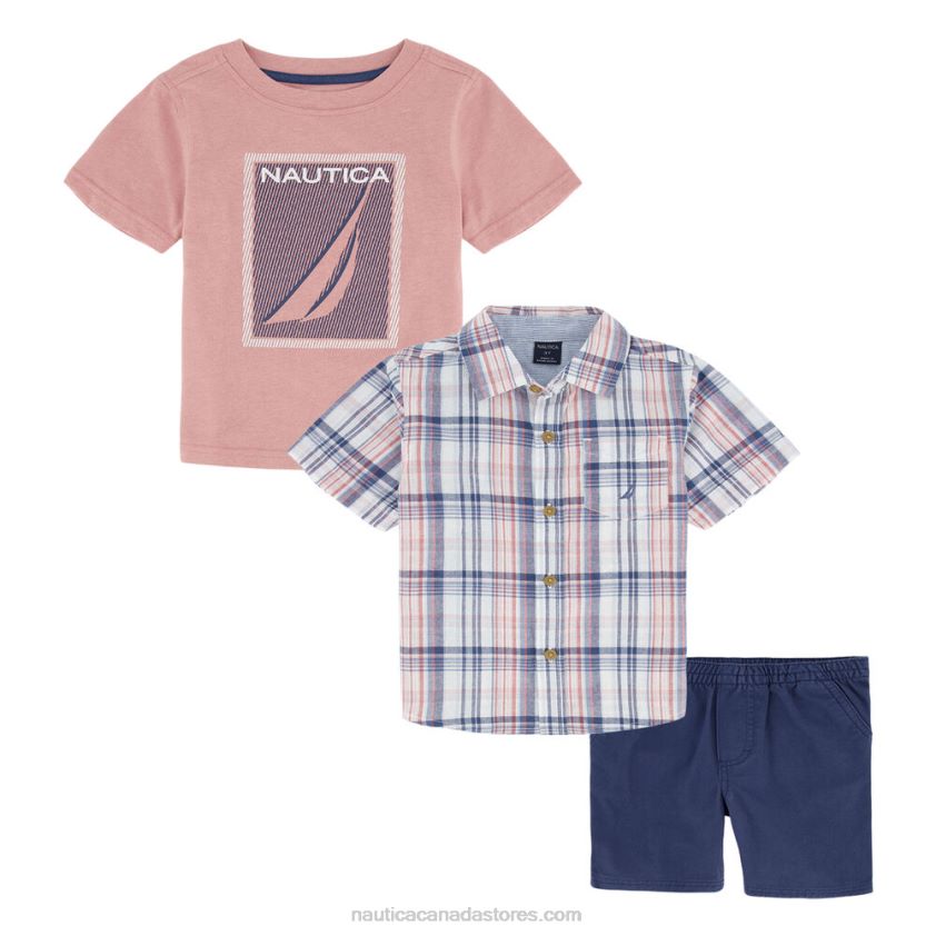 Toddler Boys\' Plaid Shirt And T-Shirt 3Pc Short Set NauticaRiggin Red R260HV1124