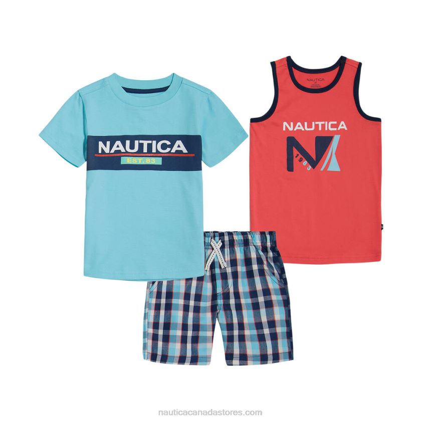 Toddler Boys\' Tank And T-Shirt 3Pc Plaid Short Set NauticaRaspberry R260HV1278