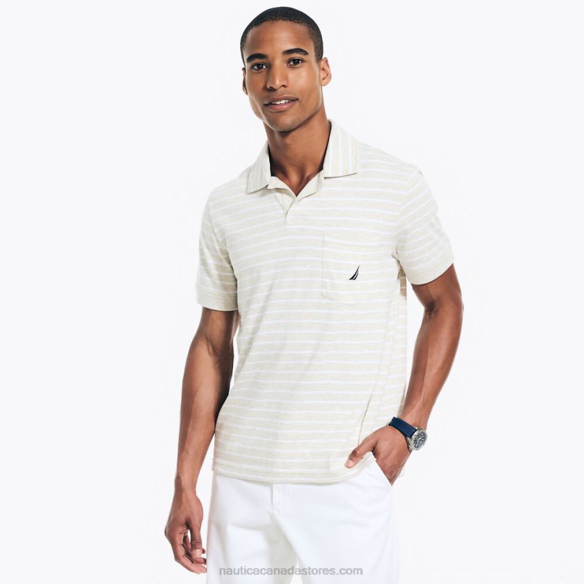 Sustainably Crafted Striped Johnny Collar Polo Nautica Men Oatmeal Heather R260HV574