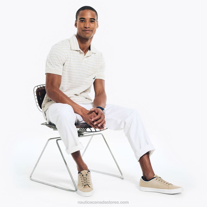 Sustainably Crafted Striped Johnny Collar Polo Nautica Men Oatmeal Heather R260HV574