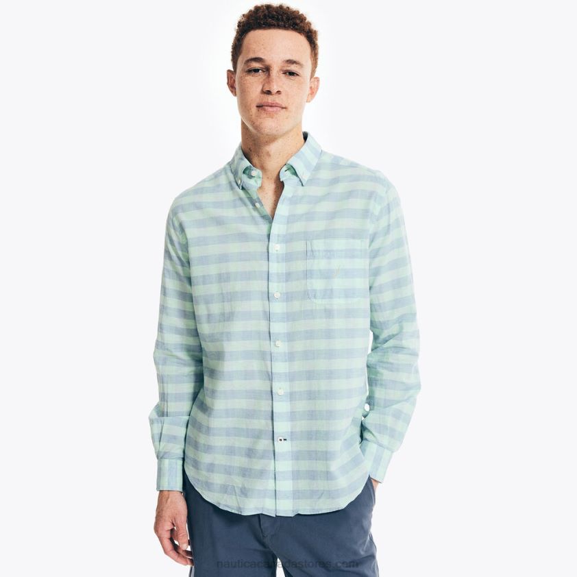 Gingham Plaid Linen Shirt Nautica Men Pure Deep Sea Wash R260HV150