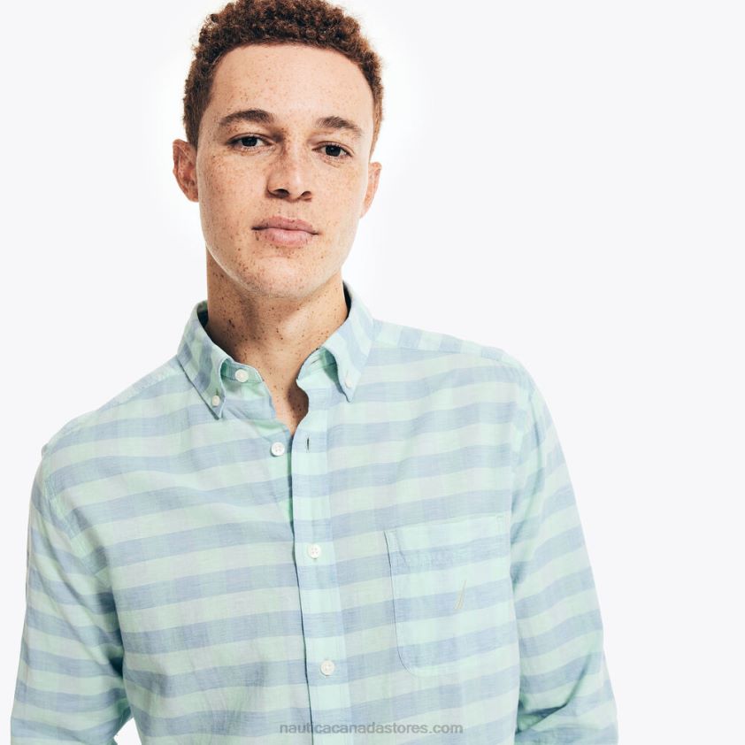 Gingham Plaid Linen Shirt Nautica Men Pure Deep Sea Wash R260HV150