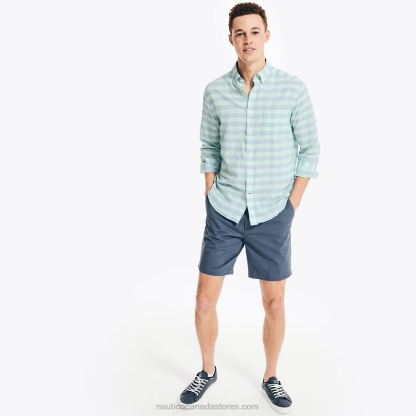 Gingham Plaid Linen Shirt Nautica Men Pure Deep Sea Wash R260HV150