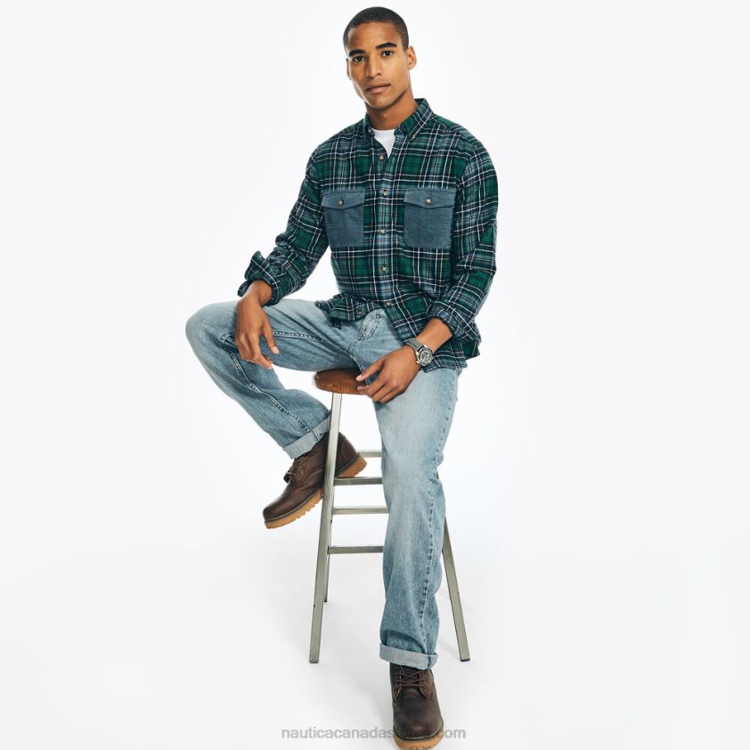 Sustainably Crafted Flannel Plaid Shirt Nautica Men Cosmic Fern R260HV474