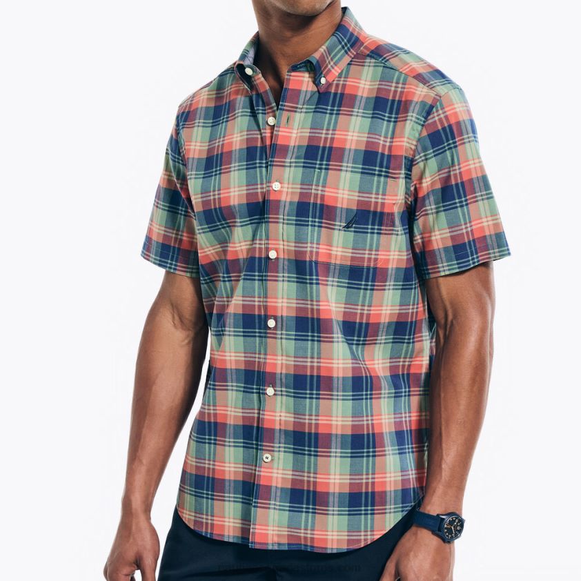 Sustainably Crafted Plaid Short-Sleeve Shirt Nautica Men Shaded Spruce Heather R260HV188