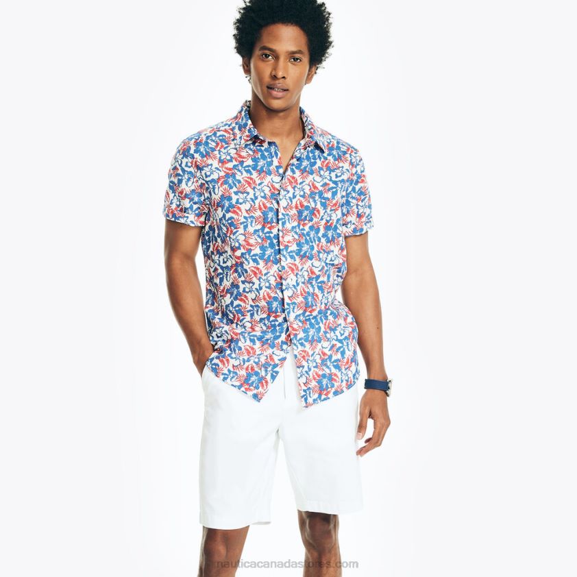 Sustainably Crafted Printed Linen Short-Sleeve Shirt Nautica Men Marshmallow R260HV245