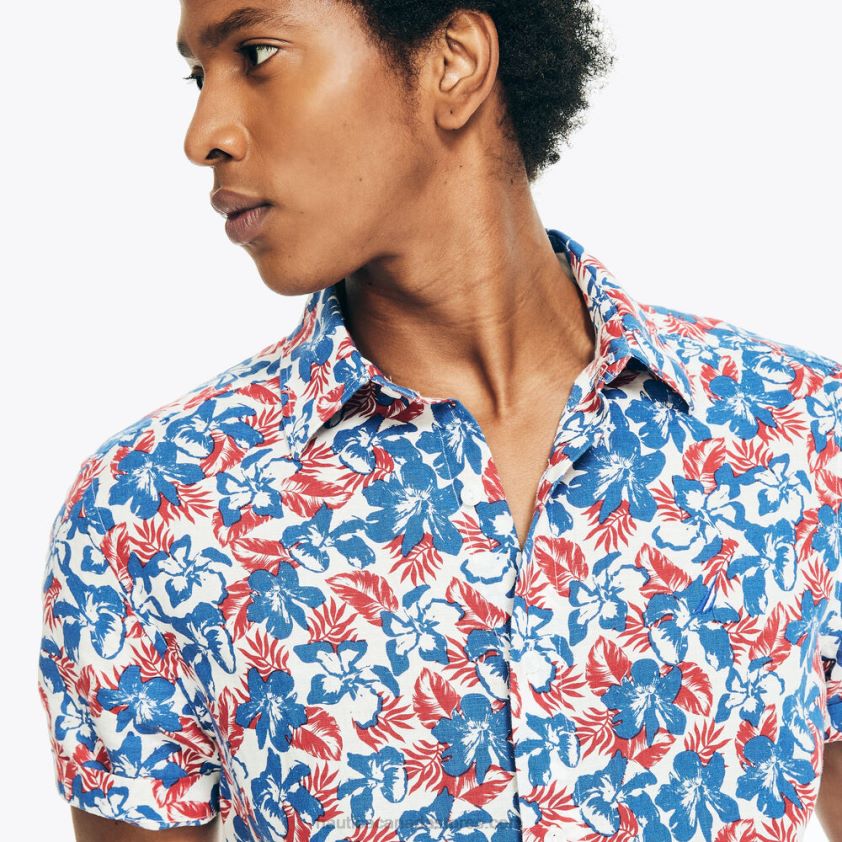Sustainably Crafted Printed Linen Short-Sleeve Shirt Nautica Men Marshmallow R260HV245