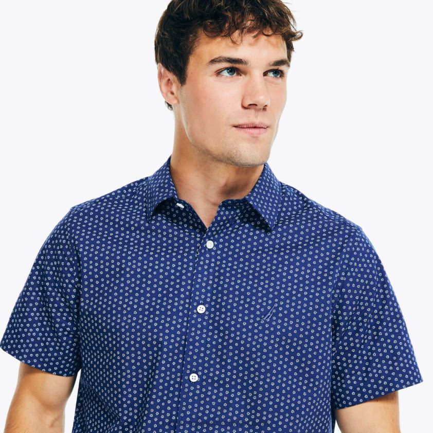 Wrinkle-Resistant Printed Wear To Work Short-Sleeve Shirt Nautica Men Blue Depths R260HV614