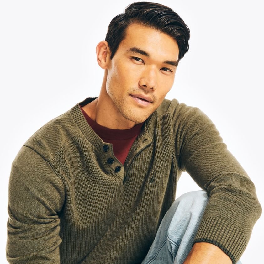 Sustainably Crafted Long-Sleeve Henley Sweater Nautica Men Dark Hunter R260HV544
