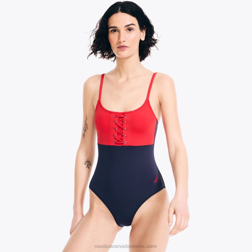 Lace-Up One-Piece Swim Nautica Women Tomales Red R260HV912