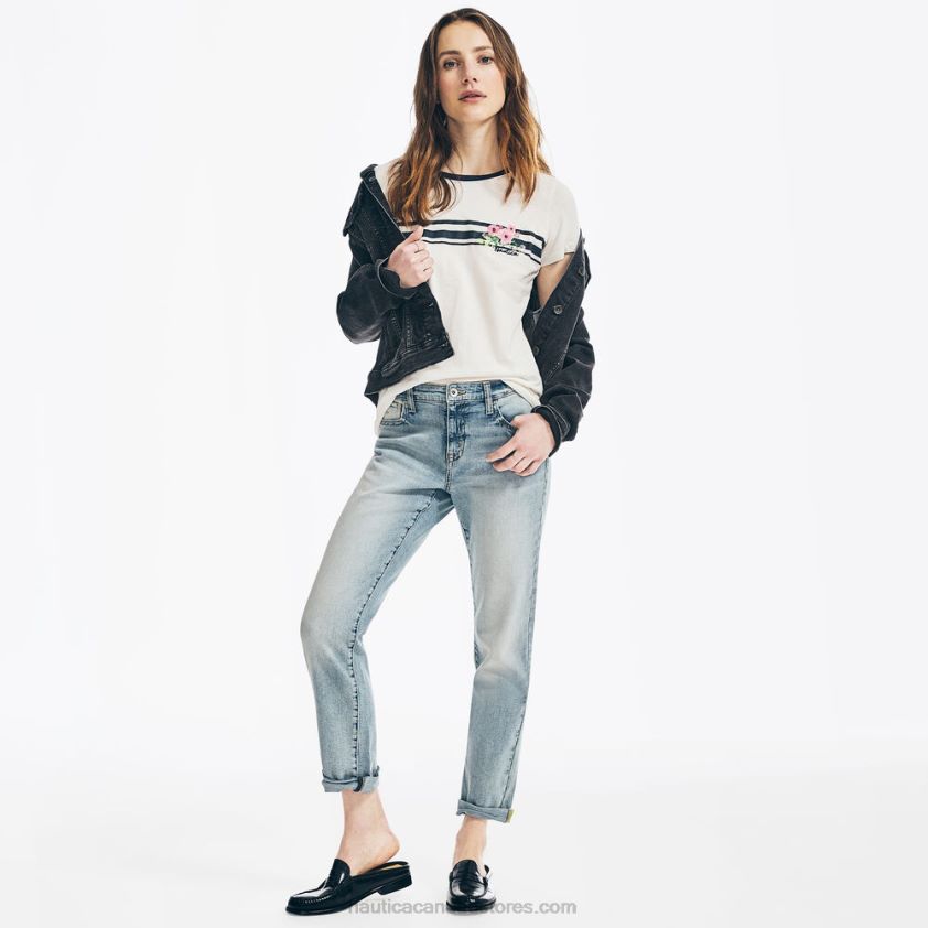 Chest-Stripe Embroidered Floral Graphic T-Shirt Nautica Women Marshmallow R260HV819