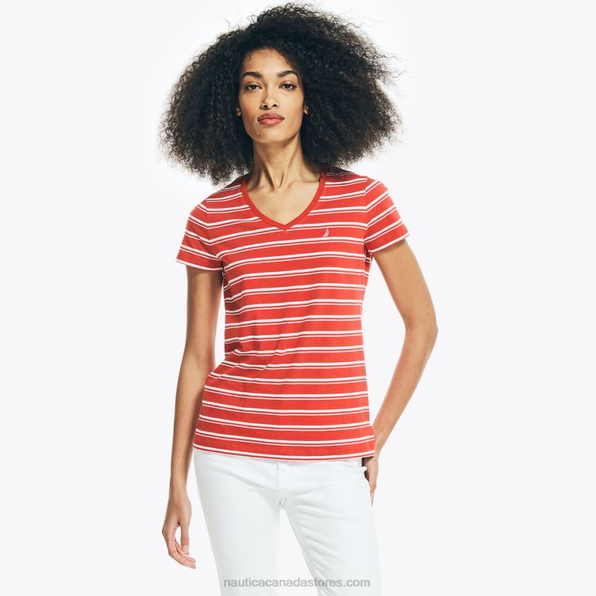 Striped V-Neck T-Shirt Nautica Women Buoy Red R260HV775