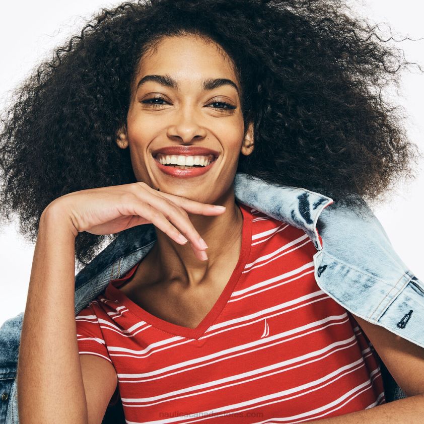 Striped V-Neck T-Shirt Nautica Women Buoy Red R260HV775