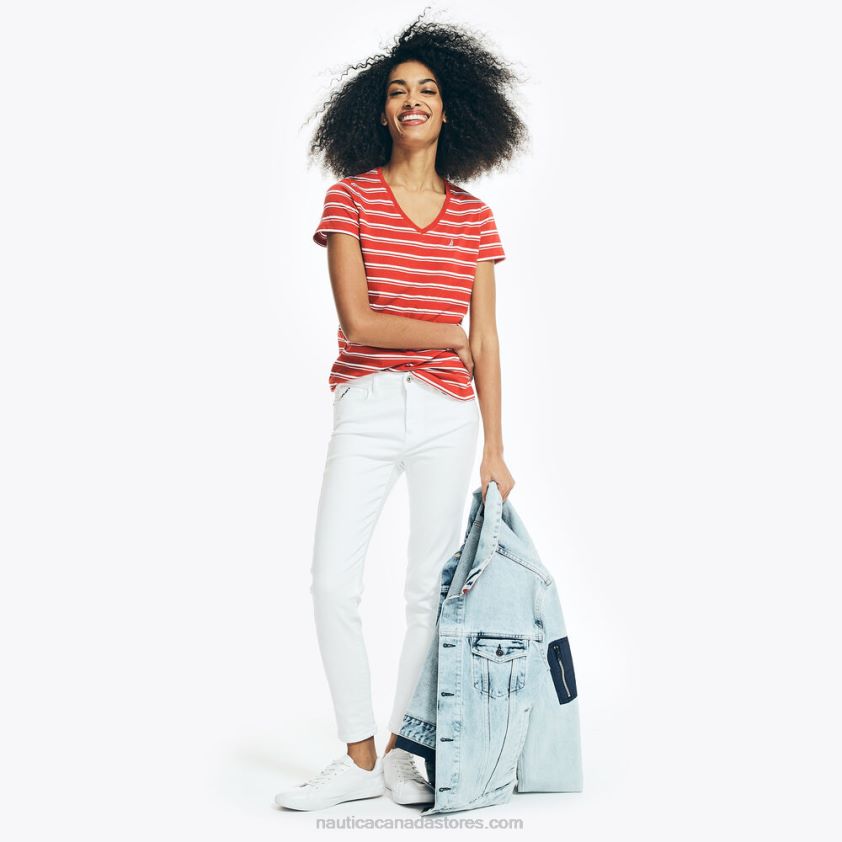 Striped V-Neck T-Shirt Nautica Women Buoy Red R260HV775