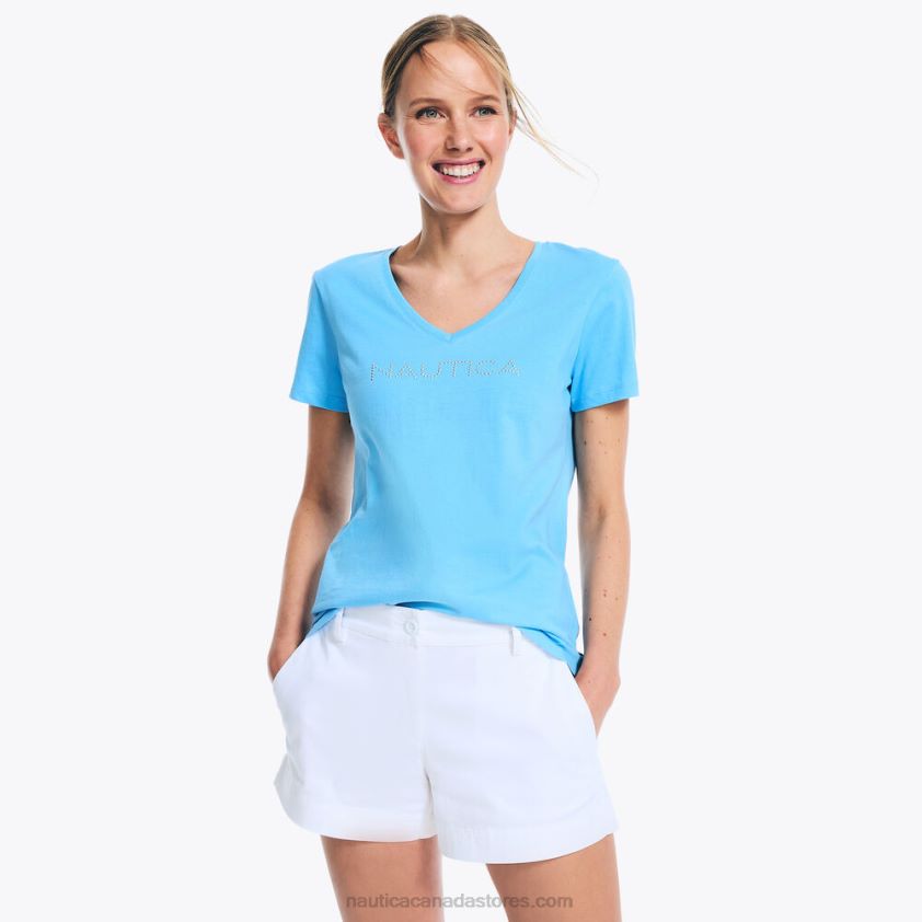 Studded Logo V-Neck T-Shirt Nautica Women Azure Blue R260HV744