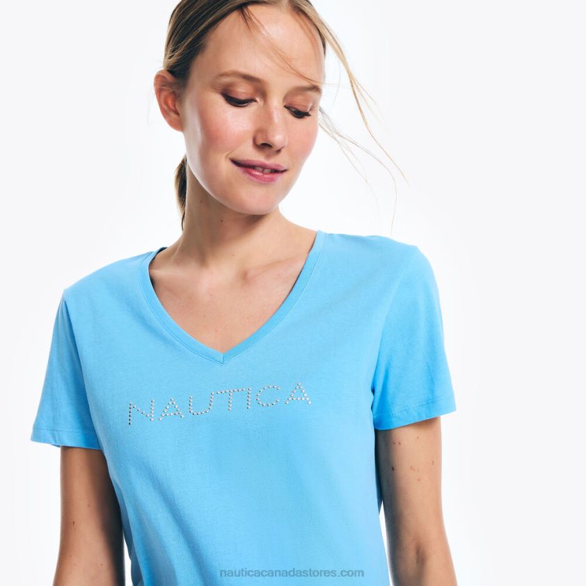 Studded Logo V-Neck T-Shirt Nautica Women Azure Blue R260HV744