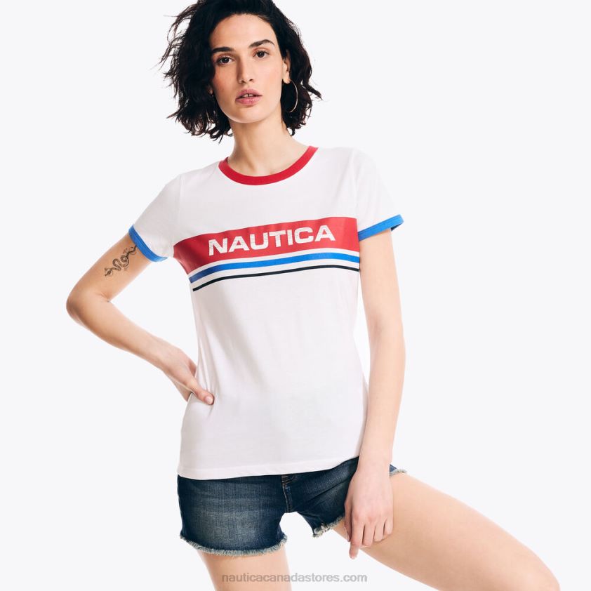 Sustainably Crafted Chest-Stripe Logo Graphic T-Shirt Nautica Women Bright White R260HV863