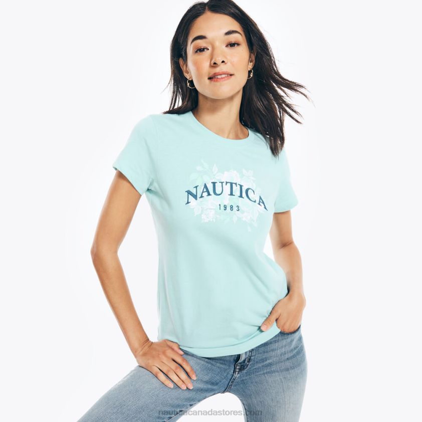 Sustainably Crafted Embroidered Floral Logo Graphic T-Shirt Nautica Women Light Tide Water Wash R260HV1024