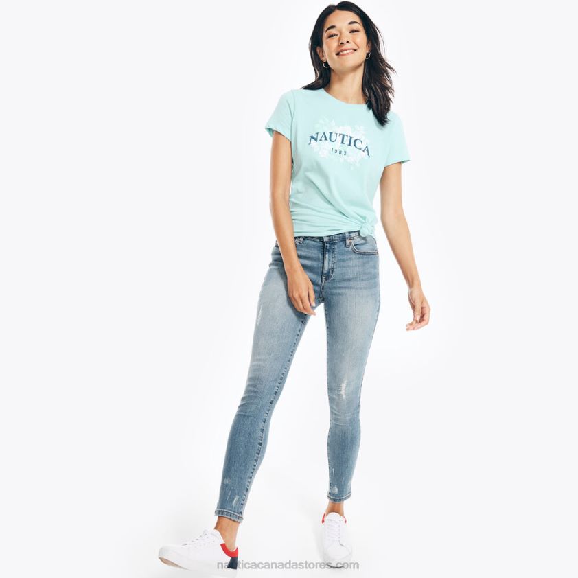 Sustainably Crafted Embroidered Floral Logo Graphic T-Shirt Nautica Women Light Tide Water Wash R260HV1024