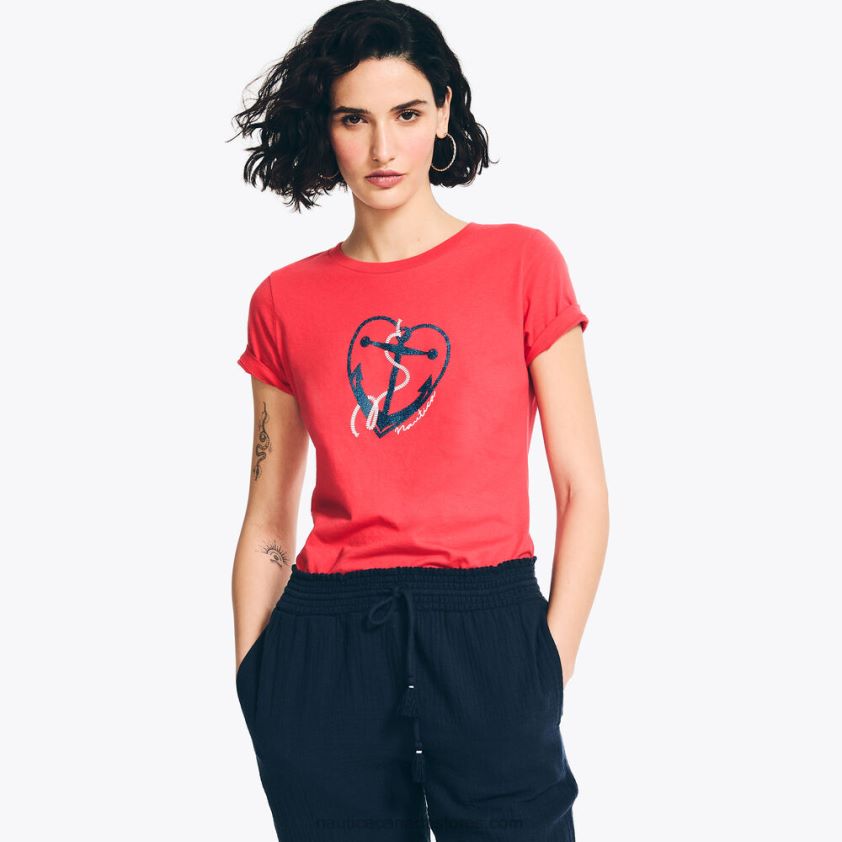 Sustainably Crafted Glitter Hearted Anchor Graphic T-Shirt Nautica Women Tomato R260HV762