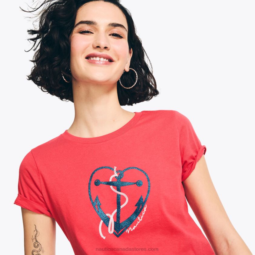 Sustainably Crafted Glitter Hearted Anchor Graphic T-Shirt Nautica Women Tomato R260HV762