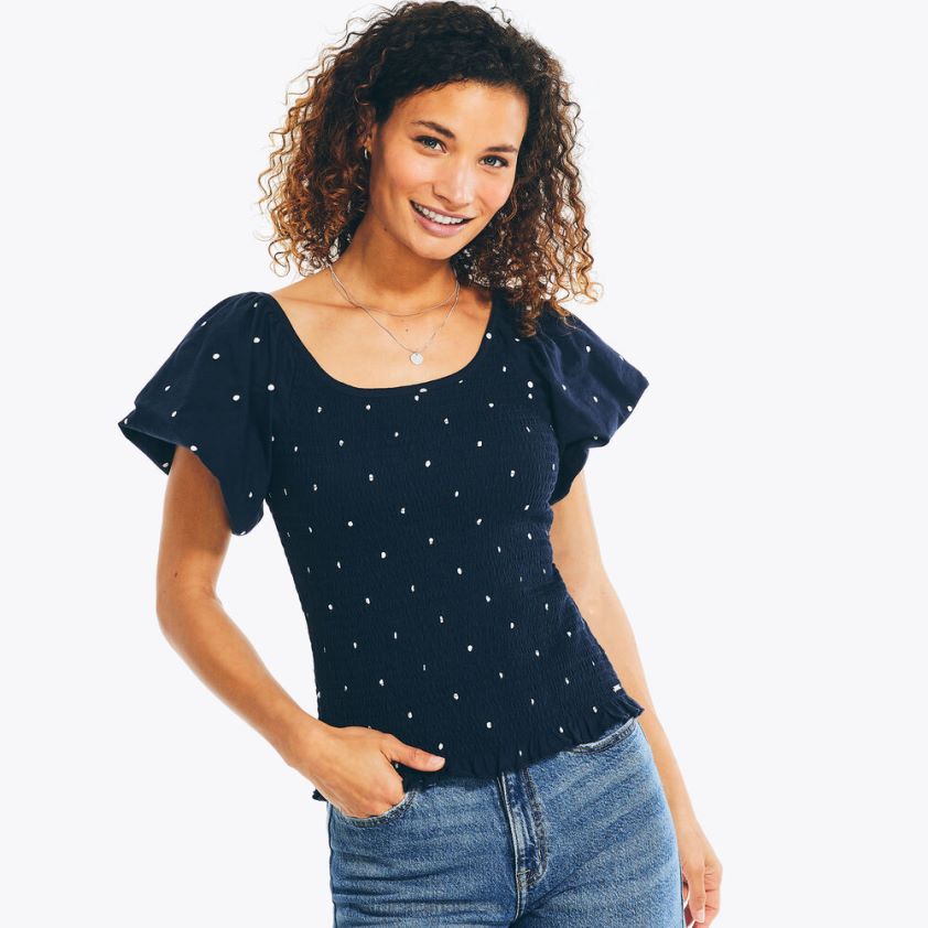 Polka Dot Smocked Top Nautica Women Stellar Blue Heather R260HV979