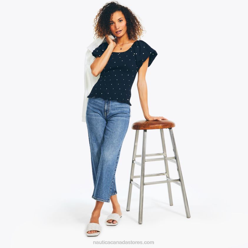 Polka Dot Smocked Top Nautica Women Stellar Blue Heather R260HV979