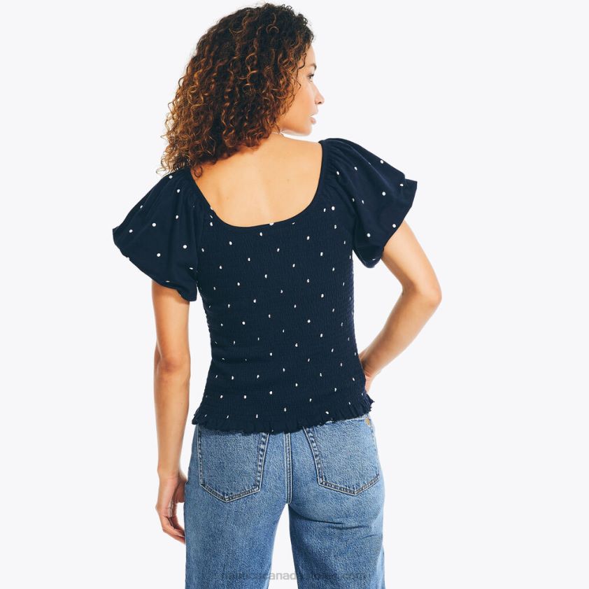 Polka Dot Smocked Top Nautica Women Stellar Blue Heather R260HV979