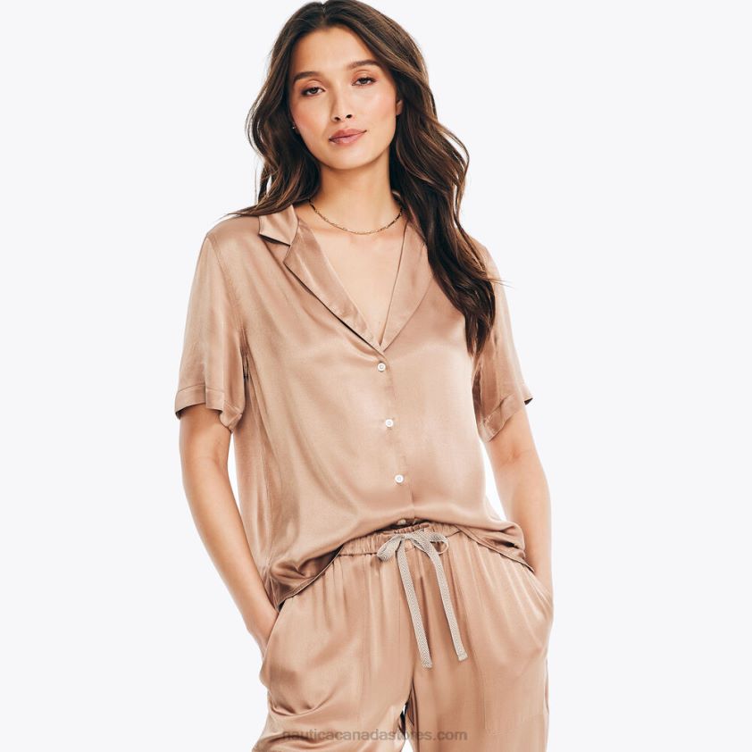 Satin Short-Sleeve Camp Shirt Nautica Women Chocolate R260HV962