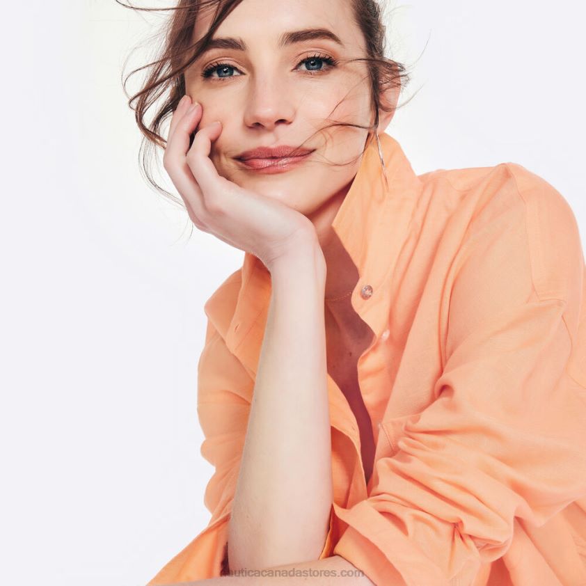 Sustainably Crafted Linen Boyfriend Shirt Nautica Women Fire Orange R260HV893